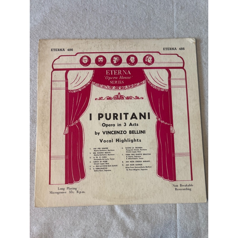 Eterna I Puritani Bellini Vocal Highlights‎ Vinyl LP 486 Good Condition Vintage